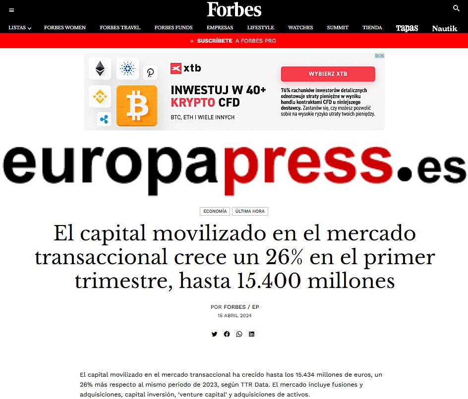 El capital movilizado en el mercado transaccional crece un 26% en el primer trimestre, hasta 15.400 millones